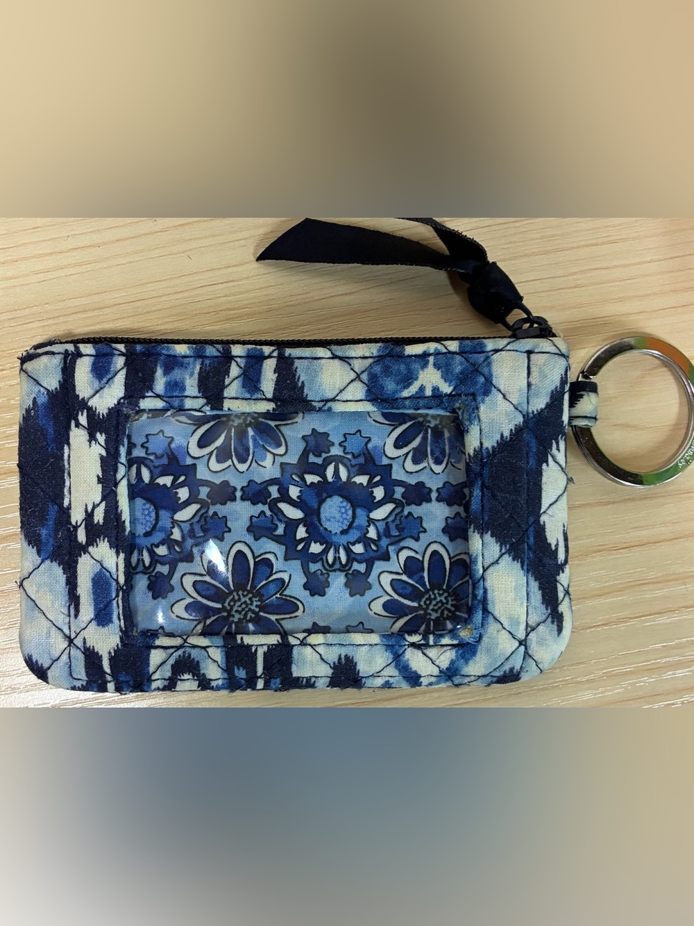 Vera Bradley Zip ID Case with Key Ring in a blue/white quilted cotton pattern